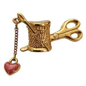 Avon Thread Scissors Needle Pin Dangle Red Enamel Heart Lapel, Signed